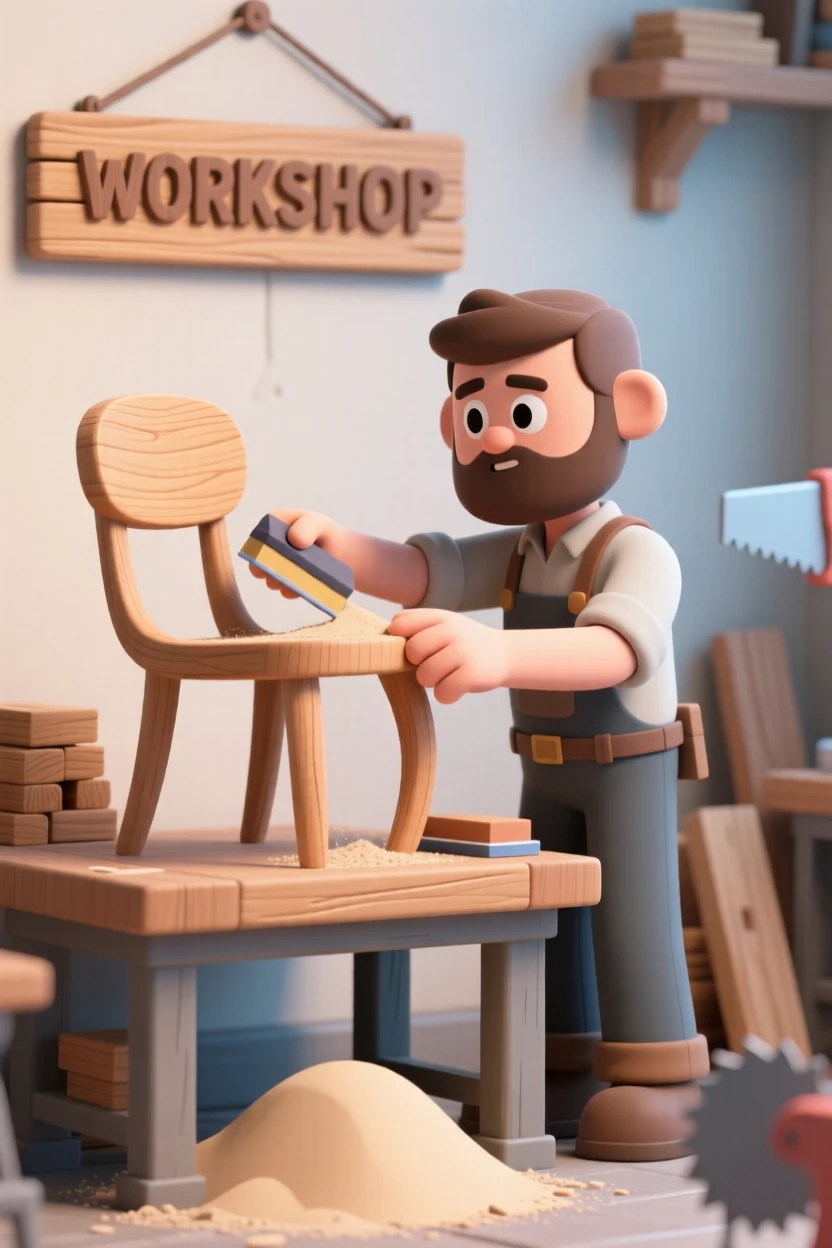 A determined woodworker sands a smooth curve into a wooden chair leg inside a sawdust-covered workshop.