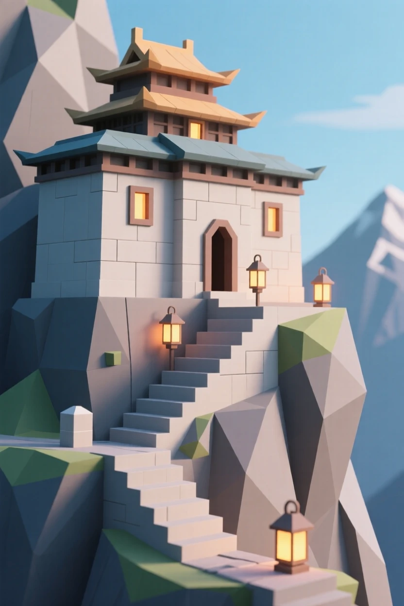 A grand mountain monastery perched on a cliffside, as lantern light flickers to life at dusk. warm window lights add a cozy glow to the scene. A gentle, welcoming warmth fills the air.