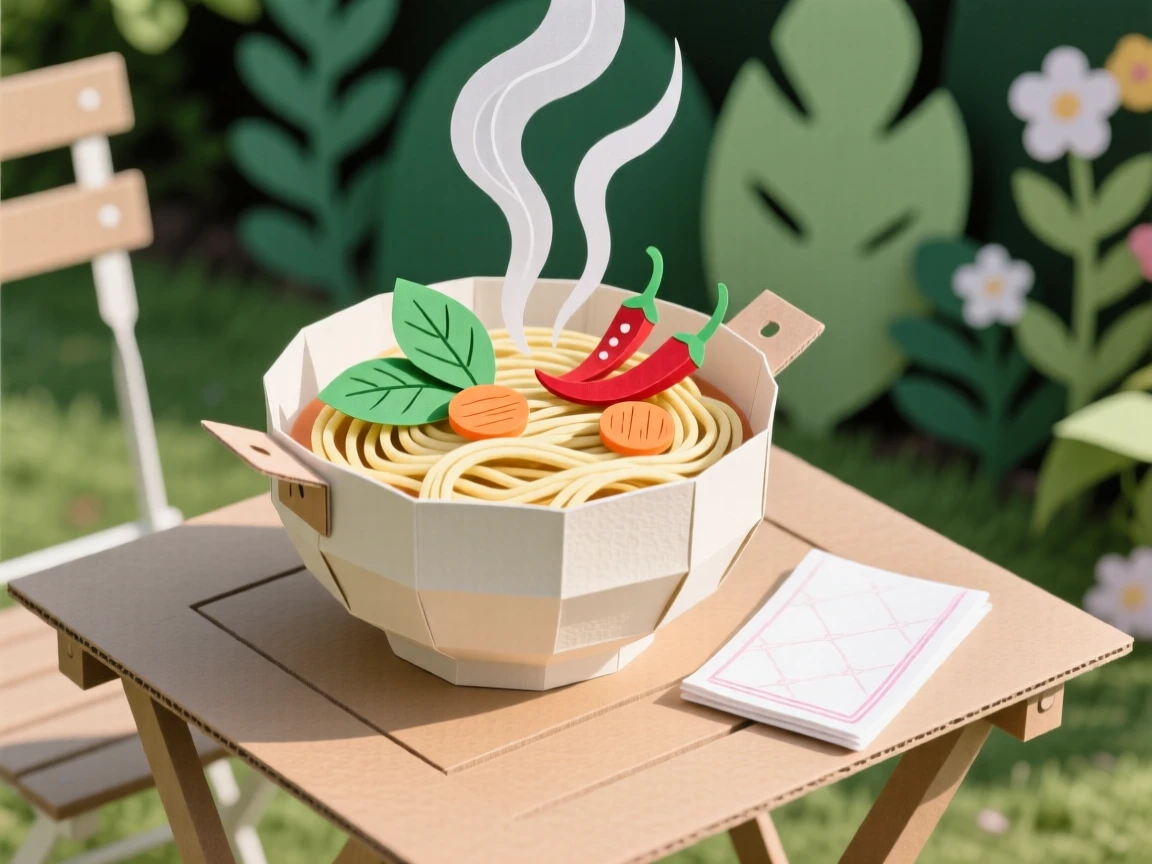 A steaming bowl of noodle soup served at an outdoor garden table, with vibrant garnishes adding a pop of color, evoking cozy, homemade charm.