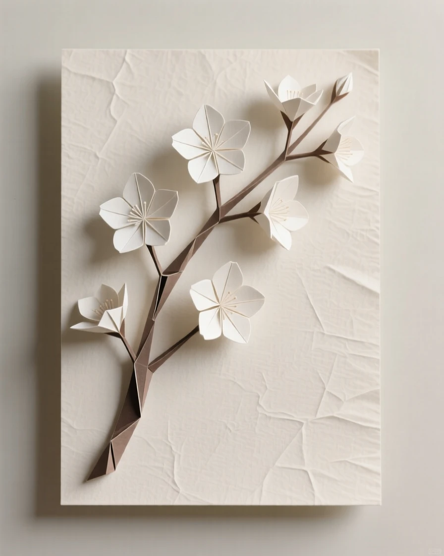 An elegant cherry blossom branch arching gracefully across a minimalist panel.