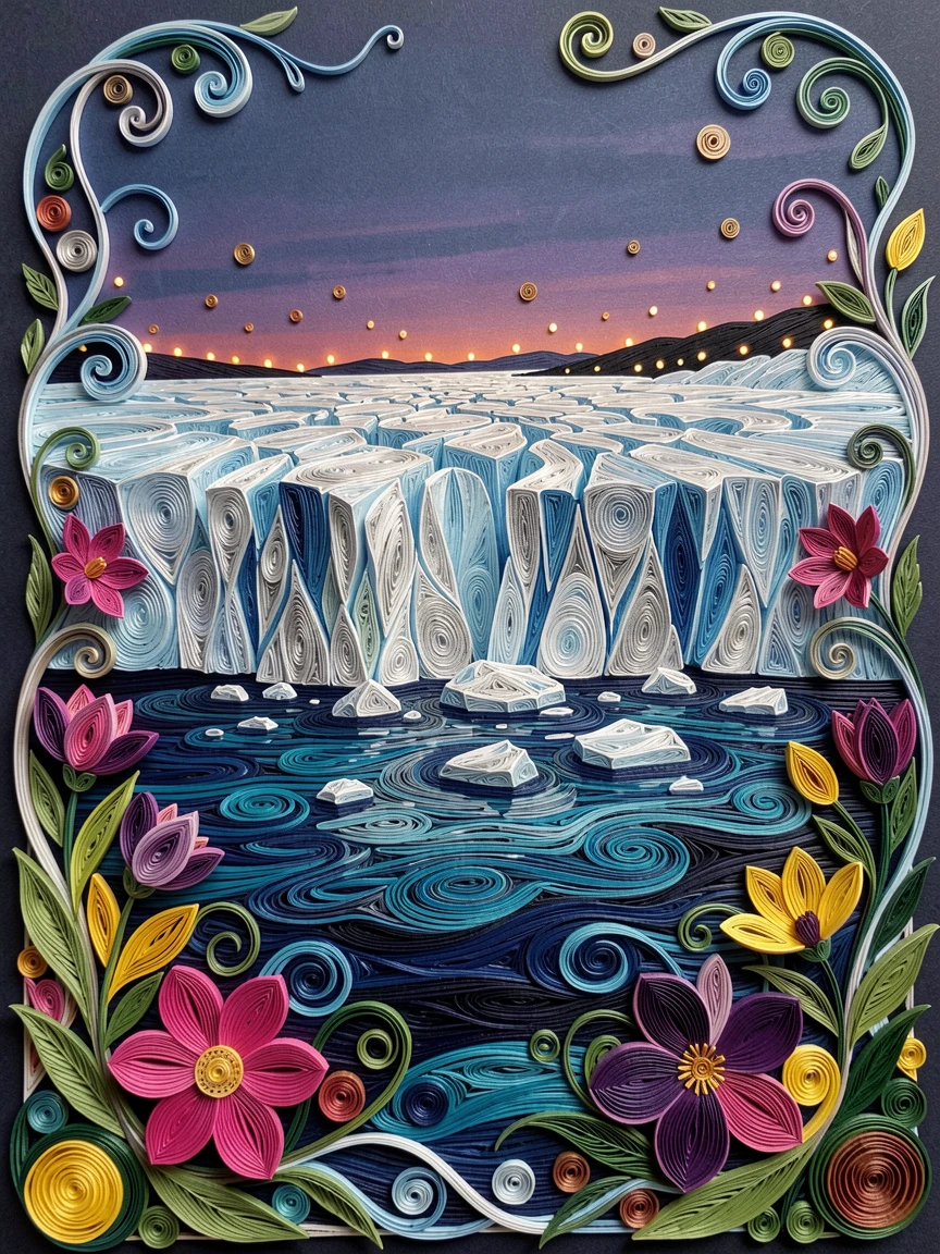 an Alaskan glacier calving into deep blue water, framed by blooming seasonal flowers in the foreground, composed with the landmark as a striking central focal point, with twinkling lights beginning to glow at dusk.