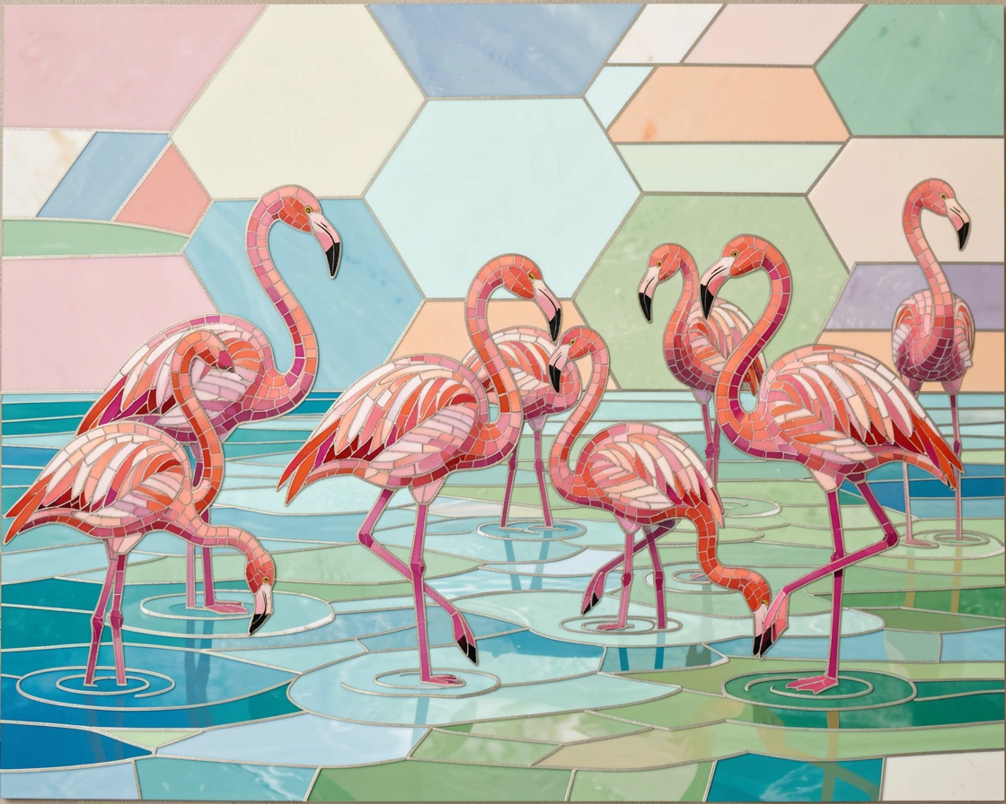 A flock of pink flamingos wading in shallow tropical water.