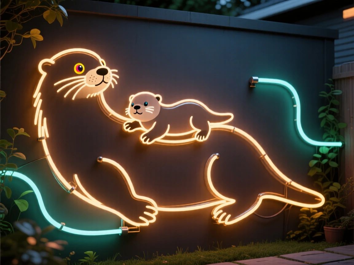 a baby otter floating on its back on its mother's belly in a quiet backyard garden.