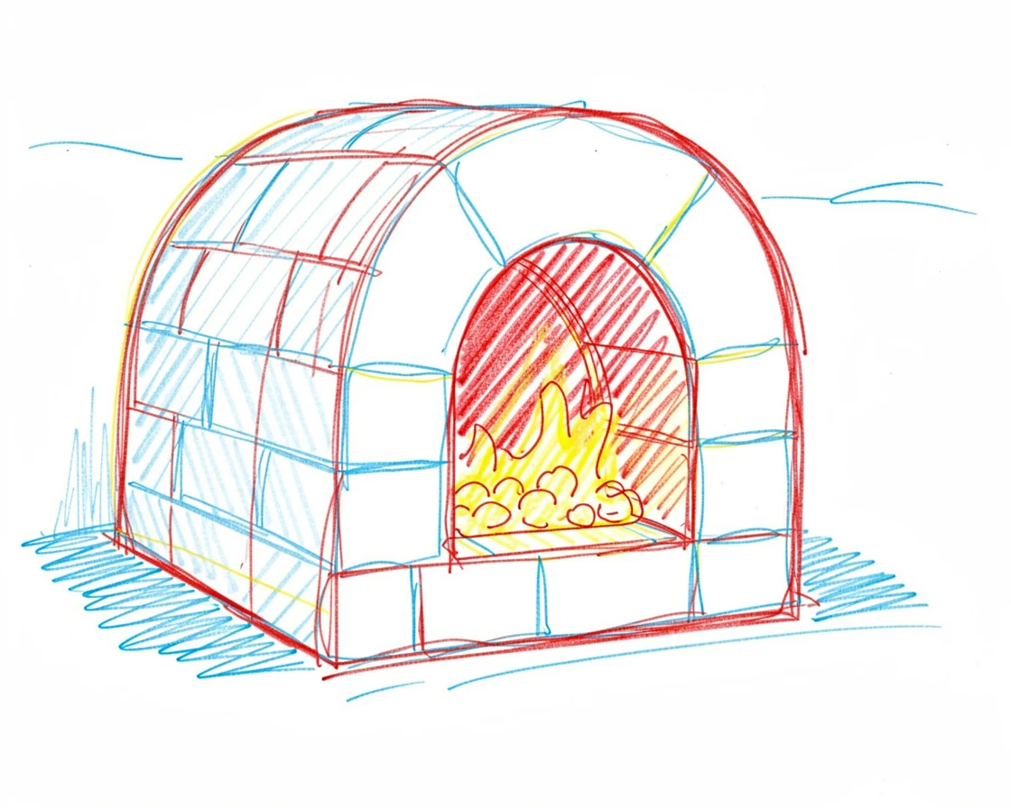 A wood-fired pottery kiln glowing with embers during a firing session