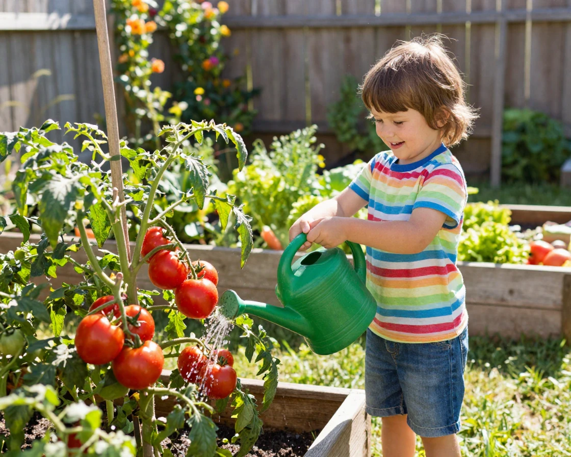 A backyard vegetable garden with a child watering tomato plants