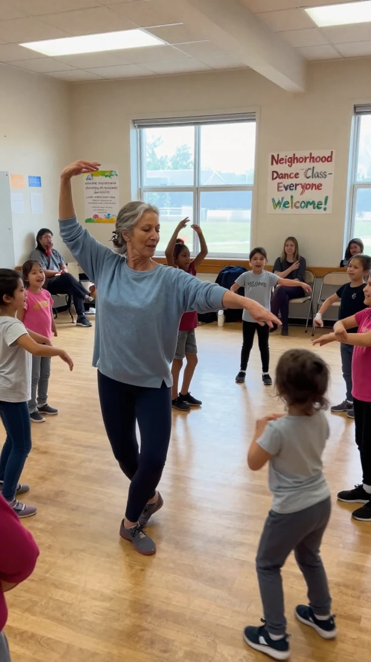 A retired dancer teaches a free class to neighborhood children in a community hall.