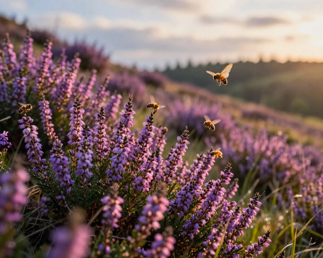 A hillside covered in blooming heather surrounded by buzzing bees and butterflies