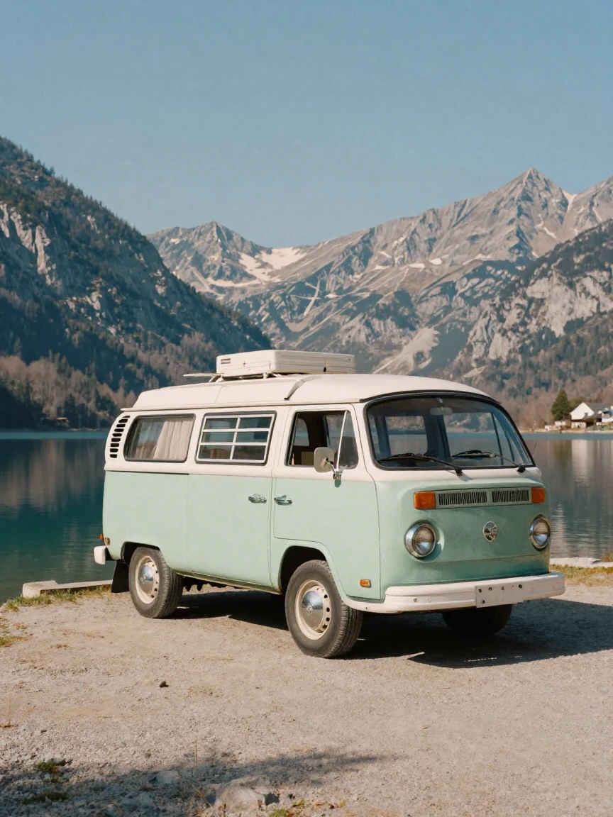A vintage camper van parked beside a quiet alpine lake, under harsh midday sun, in still, windless air, in early spring, in soft muted pastels, captured from a low angle looking up.