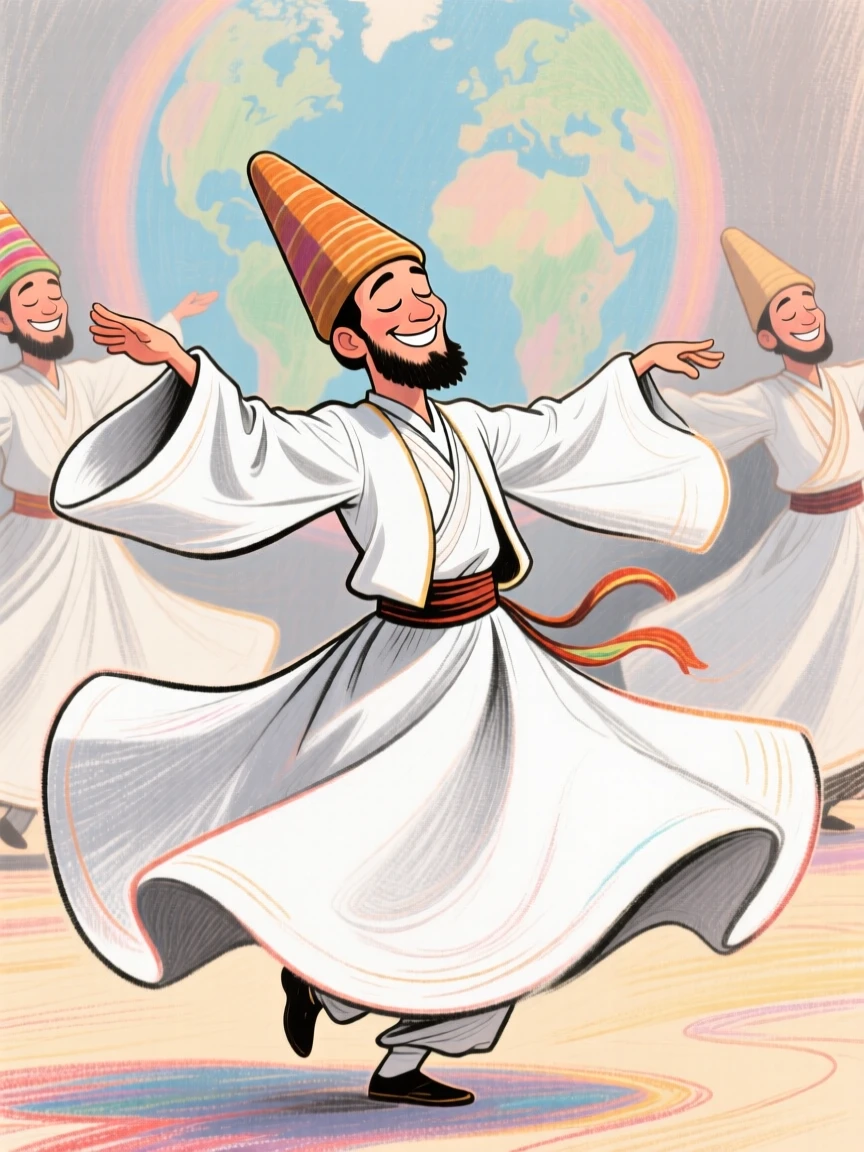 Traditional Turkish whirling dervishes spinning gracefully in flowing white robes.