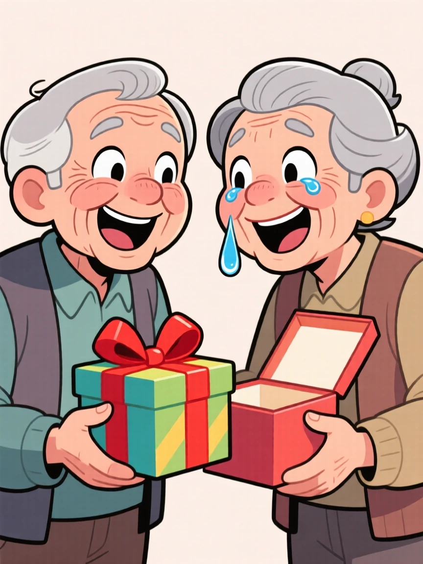 A heartwarming moment depicting two old friends receiving a surprise that brings happy tears, with a single joyful tear rolling down a cheek.