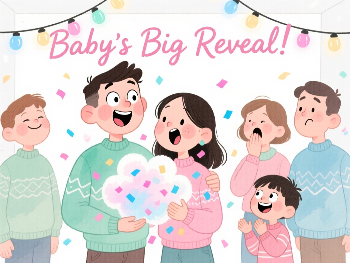 A joyful celebration scene of a gender reveal party with a burst of pink or blue confetti, radiating cozy holiday cheer