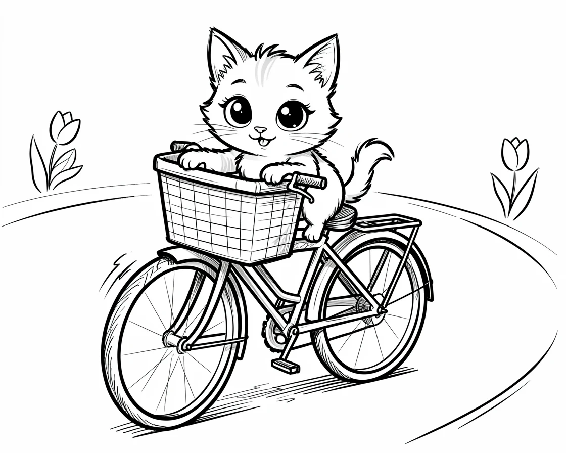 [Cute Animals & Pets] Adorable scene of a wide-eyed kitten riding along in a bicycle basket, bursting with charm and playful energy