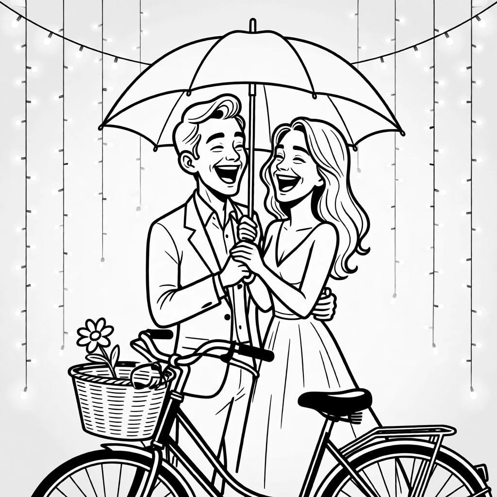 Two people caught mid-laugh under a shared umbrella, swaying gently to music only they can hear, set at a wedding reception decorated with fairy lights. The bike's basket holds a single, forgotten flower. The scene feels like a love story told through small moments.