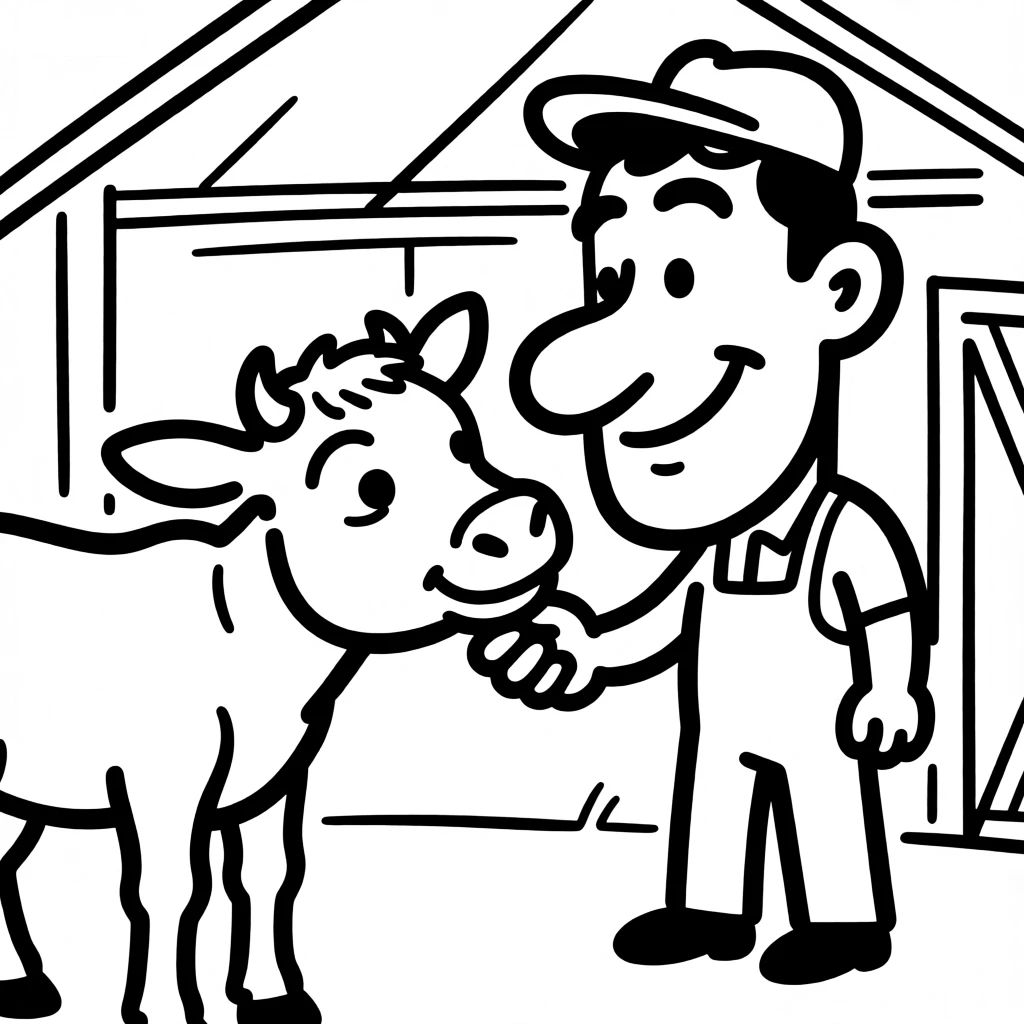 A young calf nuzzling affectionately against a farmer's hand in a barn.