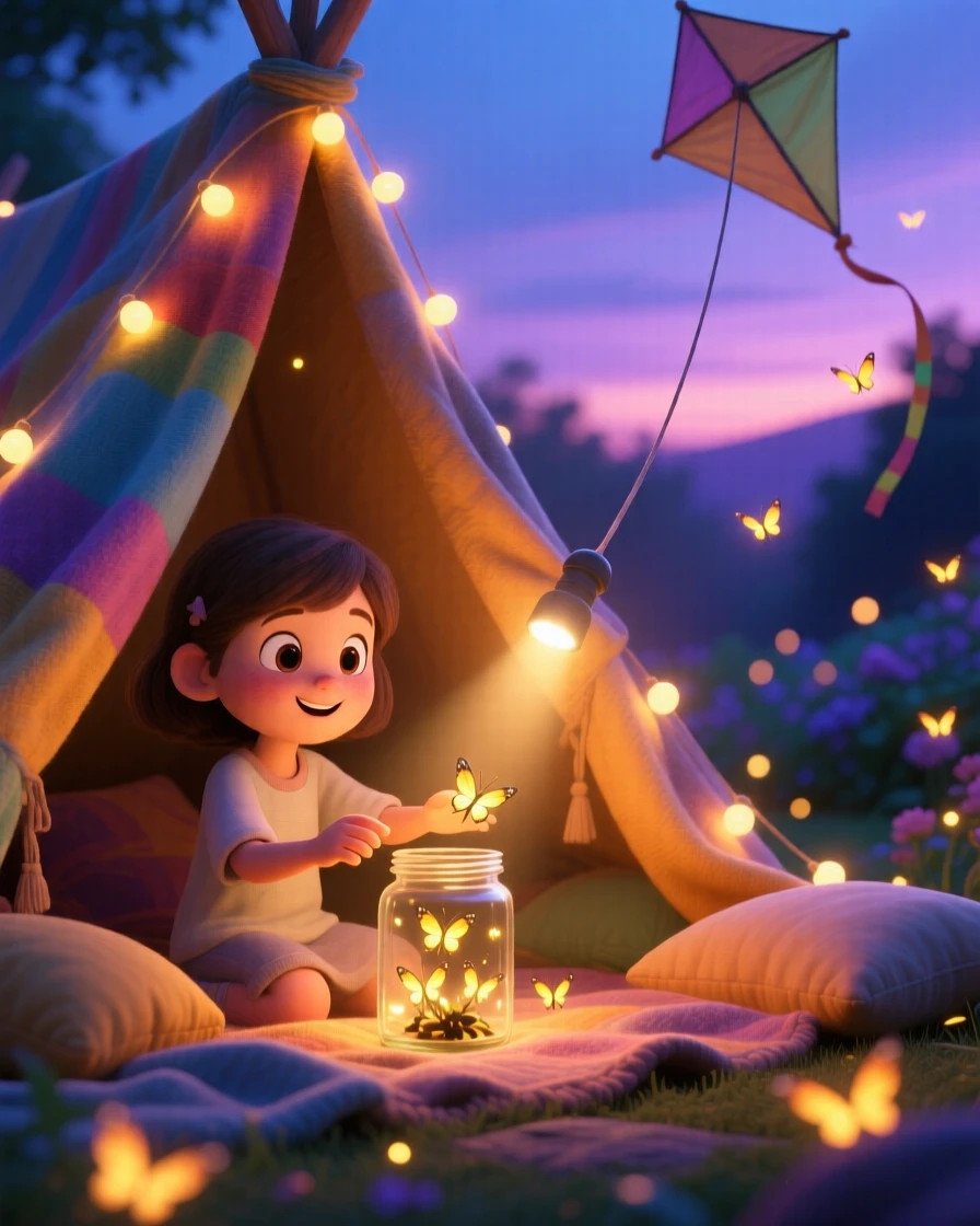 A girl catching fireflies in a jar at dusk takes place inside a blanket fort glowing with a flashlight, with a kite string trailing off into the sky. The mood is playful, curious, and full of imagination.