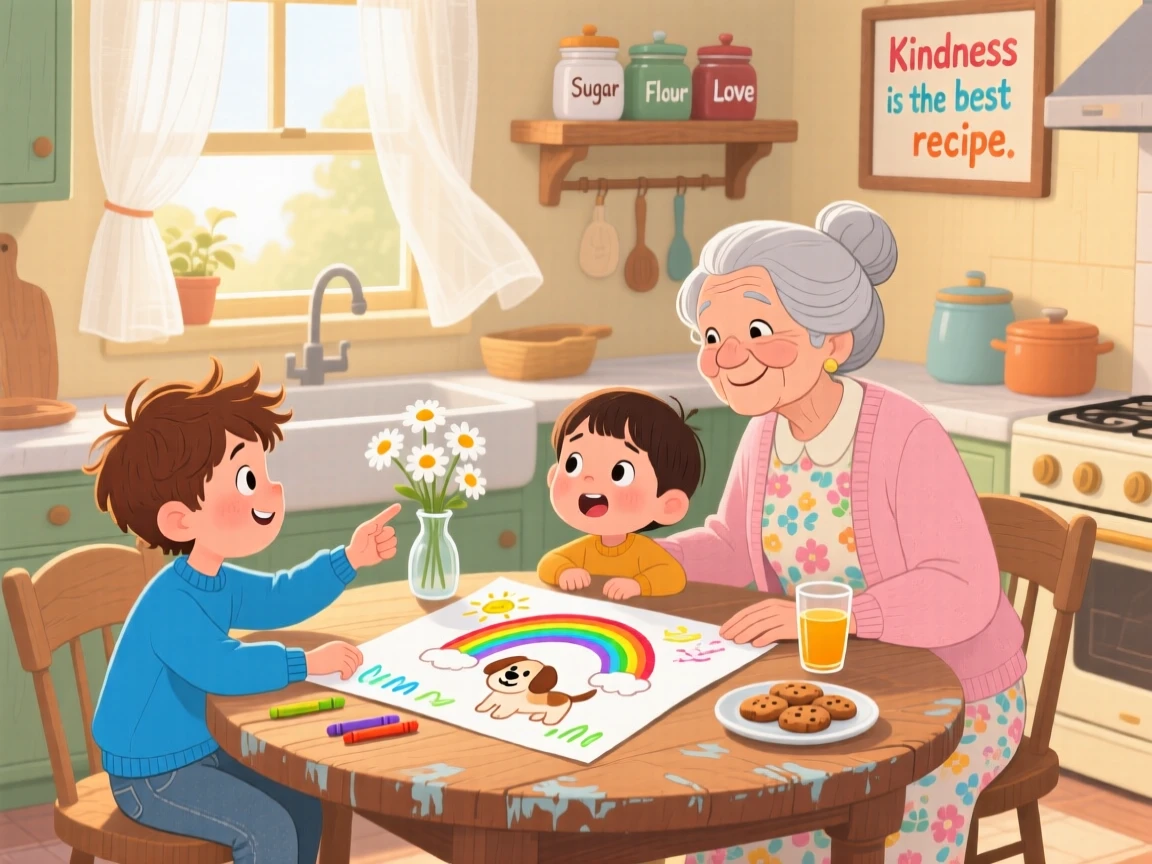 A young boy and an elderly neighbor share a tender moment cheering up a friend with a surprise drawing in a warm kitchen table, as trust grows between them.