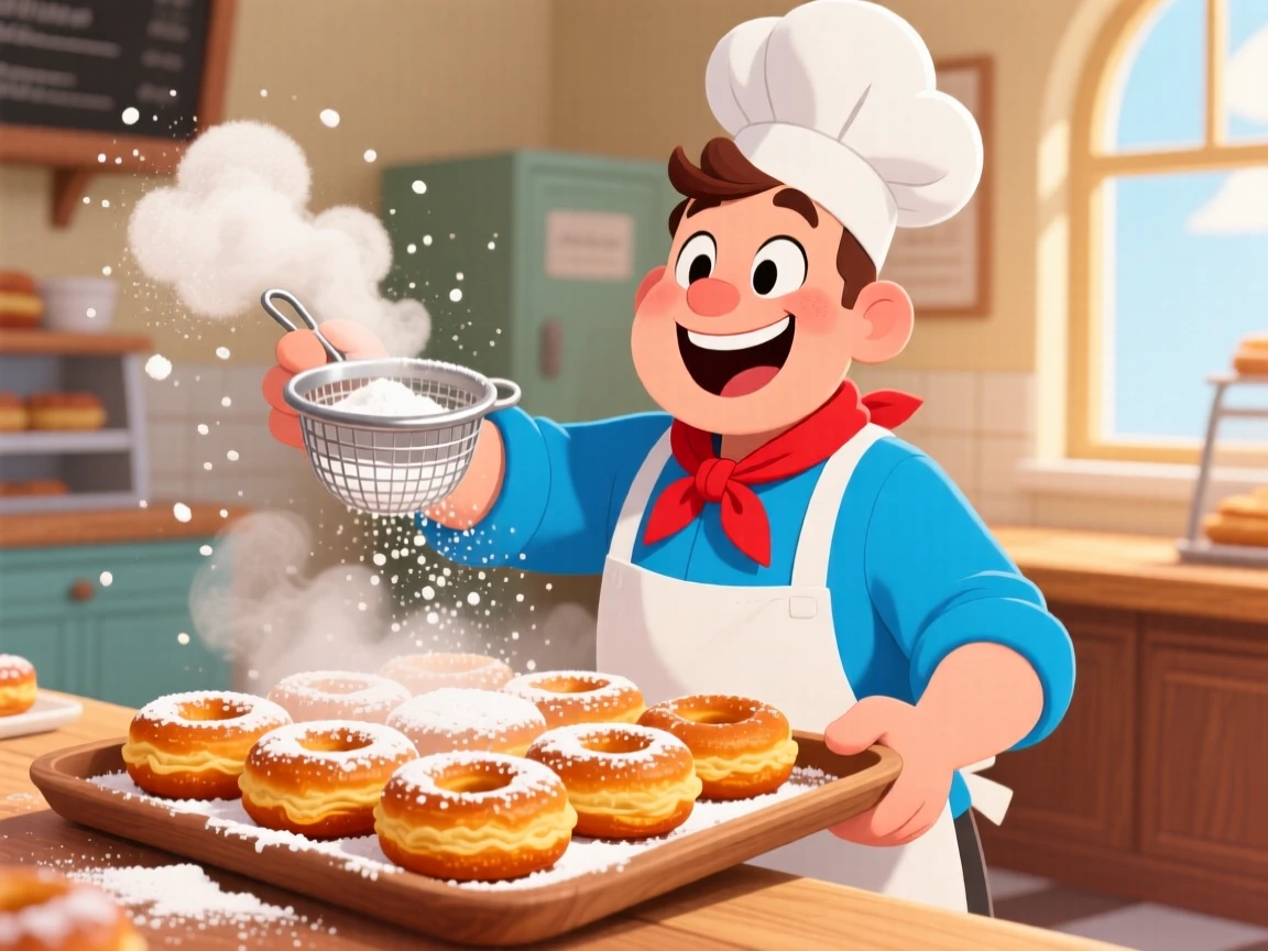 A baker dusting powdered sugar over a tray of fresh beignets.