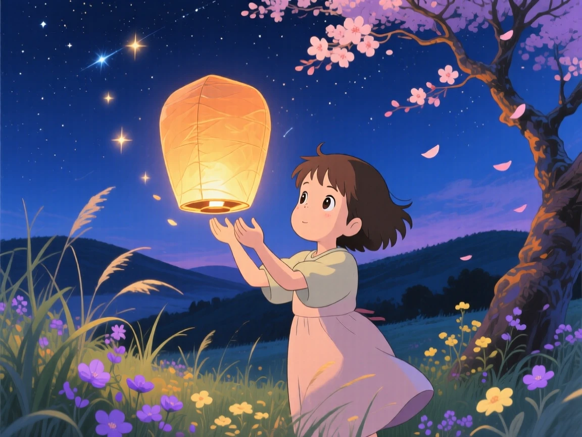A tender moment of a girl releasing a paper lantern into the night sky, eyes full of hope, the scene warmly nostalgic.