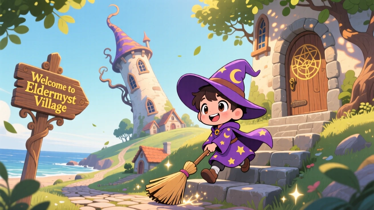 A small wizard's apprentice sweeping the steps of a crooked tower, framed as a worm's-eye view within a mystical hillside village, on a breezy coastal afternoon, glowing under warm morning light filtering through leaves, evoking triumphant pride.