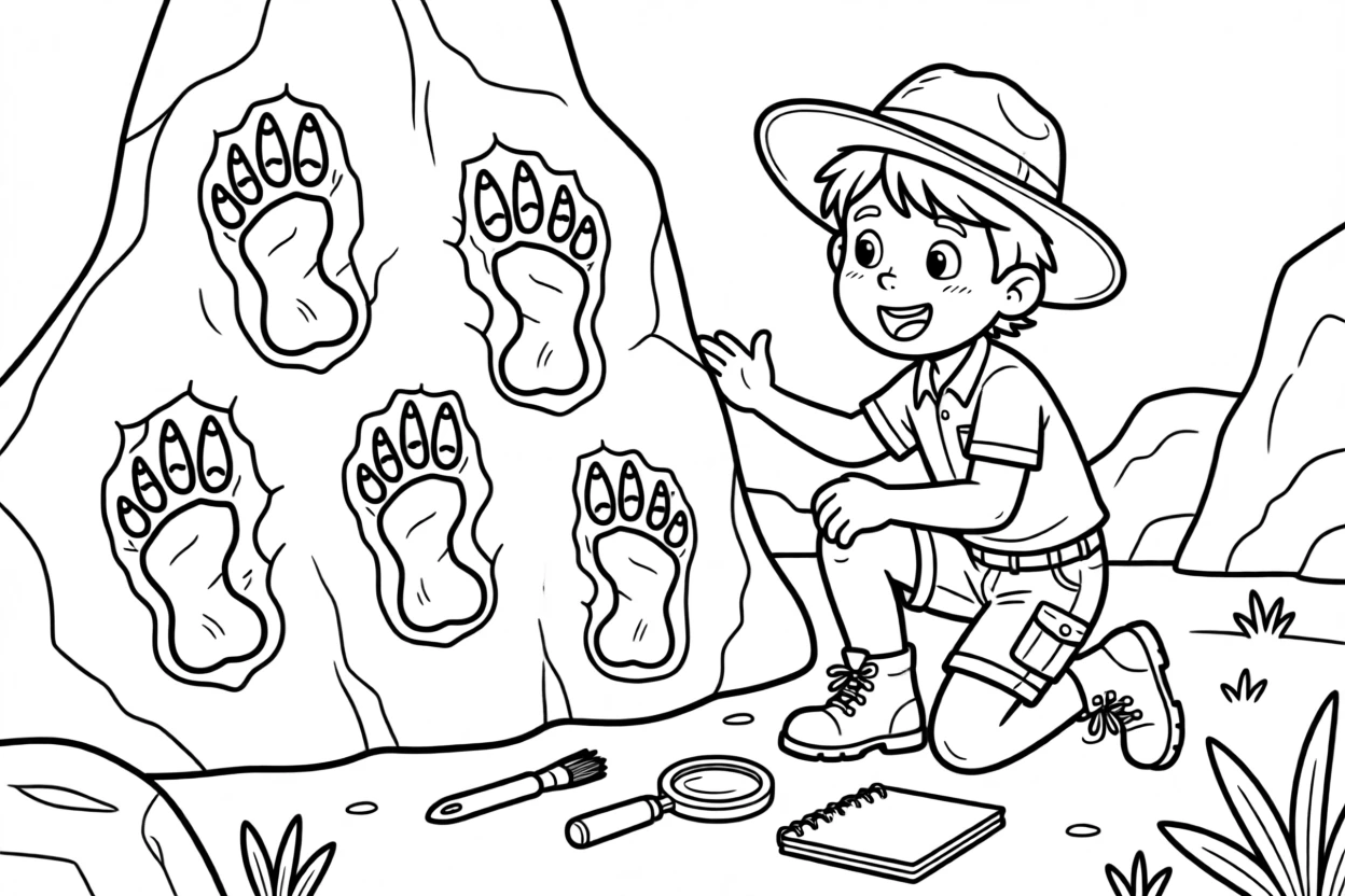 A young paleontologist discovering dinosaur footprints fossilized in rock