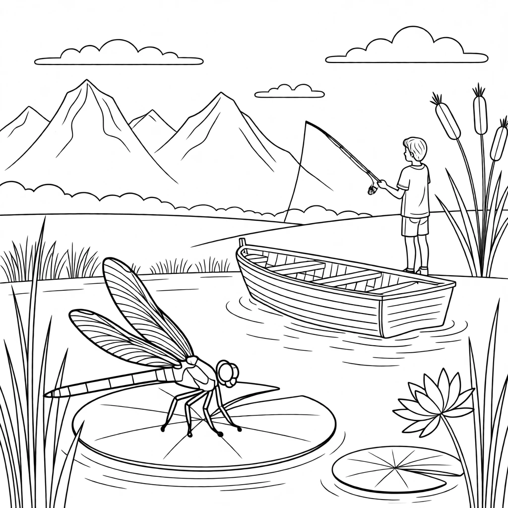 A dragonfly resting on a lily pad, with a distant mountain range in the background.