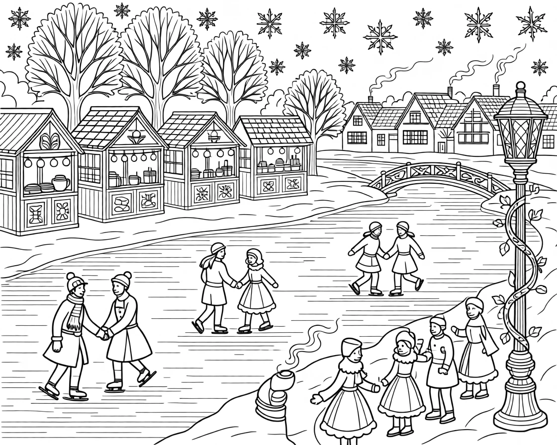 A winter frost fair scene with skaters gliding across a frozen river.