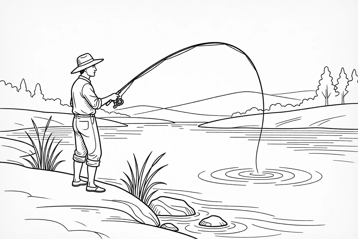 A fisherman casting a line into a calm river