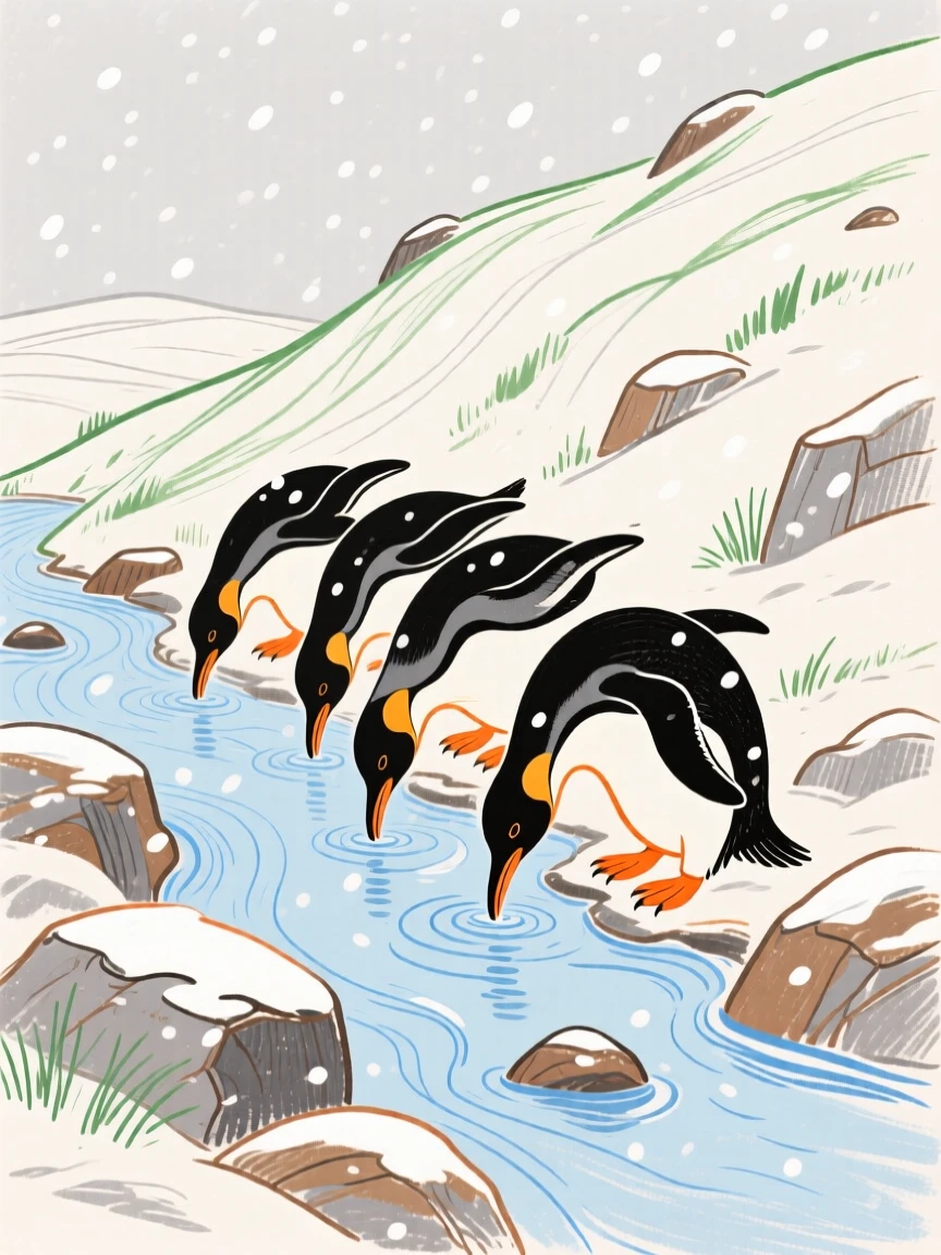 A group of penguins drinking from a stream on a rocky hillside during a light snowfall.