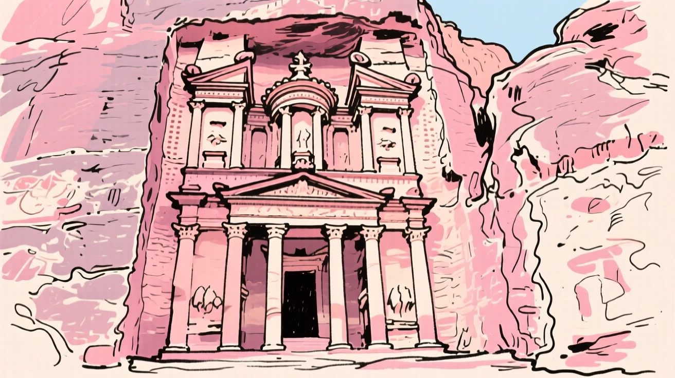 Petra's carved rose-colored facade rising from a narrow desert canyon.