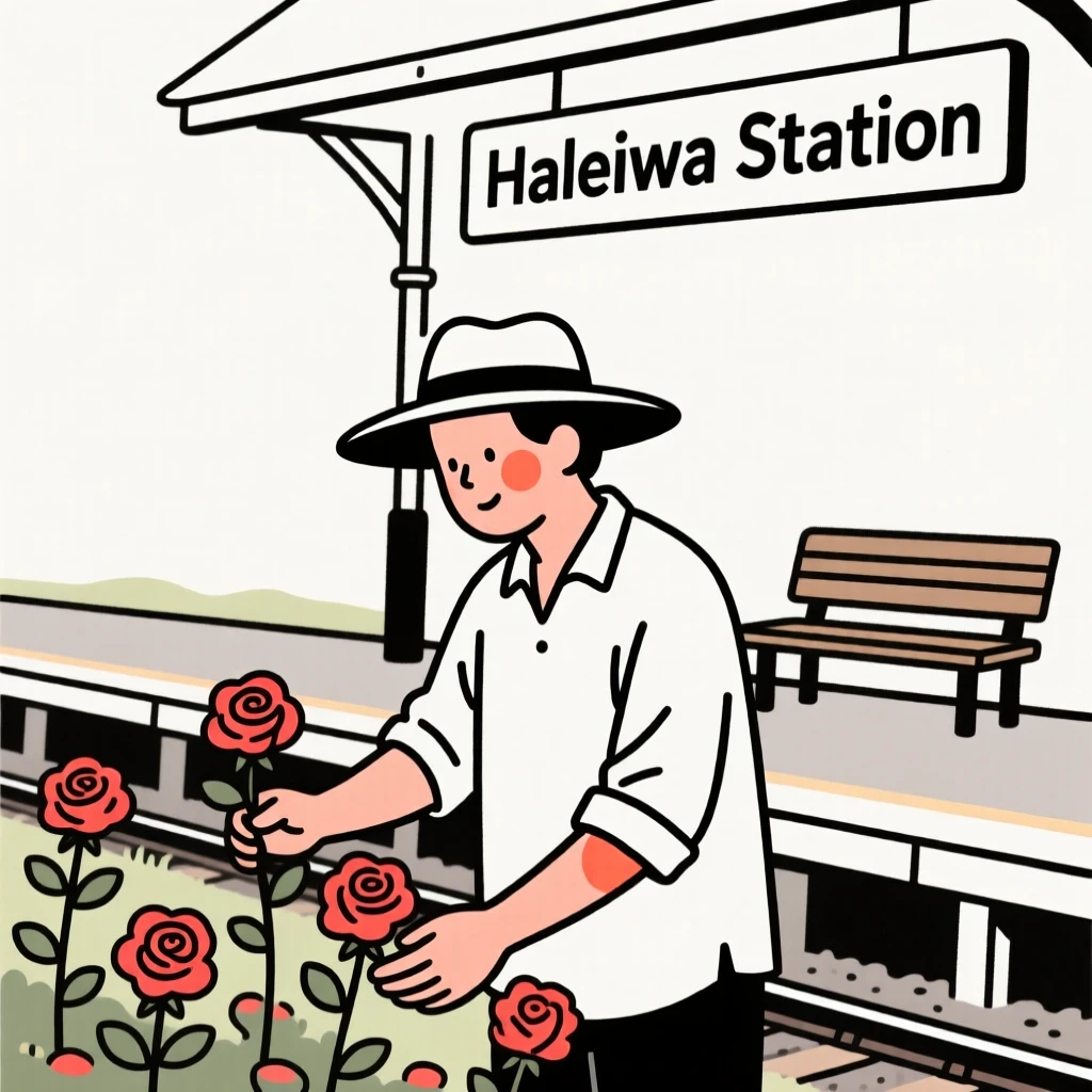 A gardener of hawaiian heritage tending roses, exuding gentle warmth, at a rural train station.