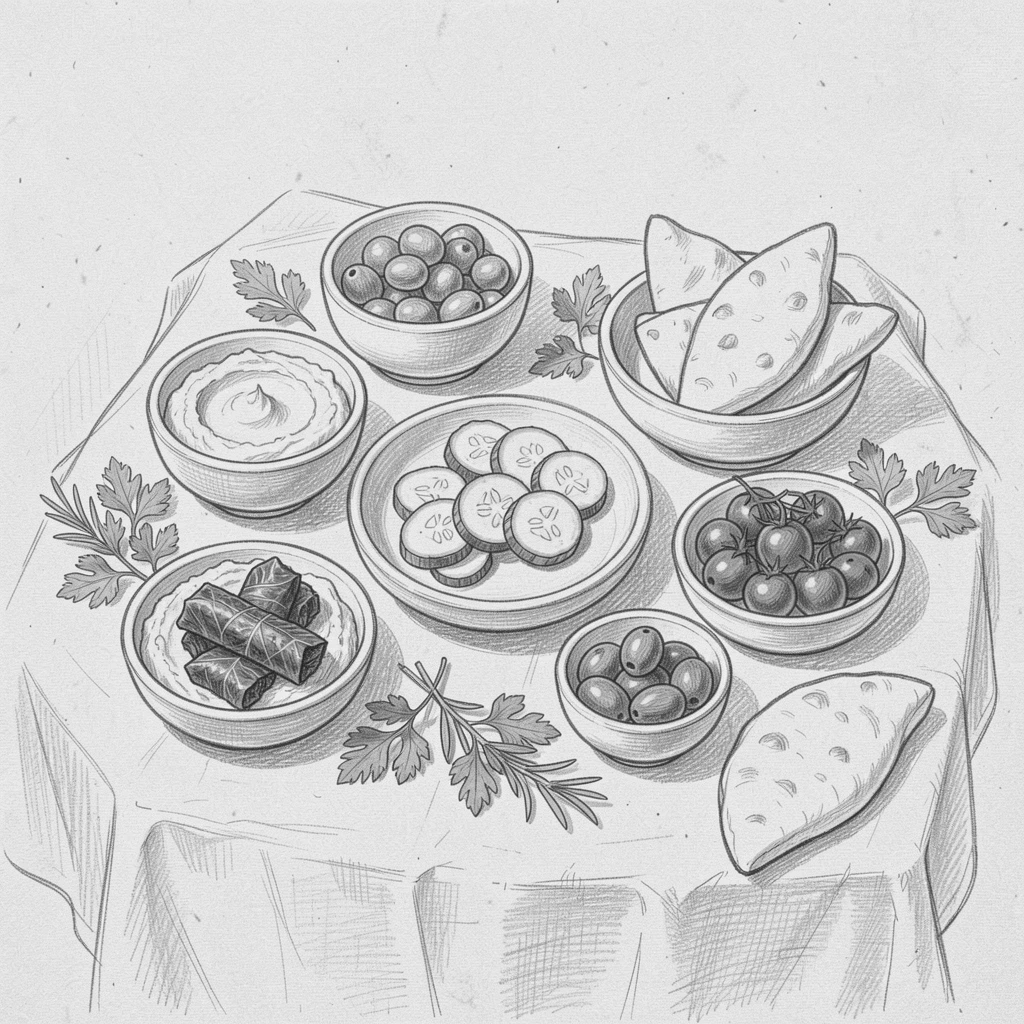 An appetizing still life of a spread of Mediterranean mezze atop a linen tablecloth, with fresh herbs scattered nearby.
