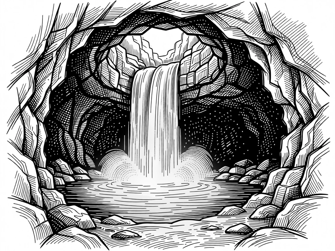 A hidden waterfall cave where the water glows with soft blue light.