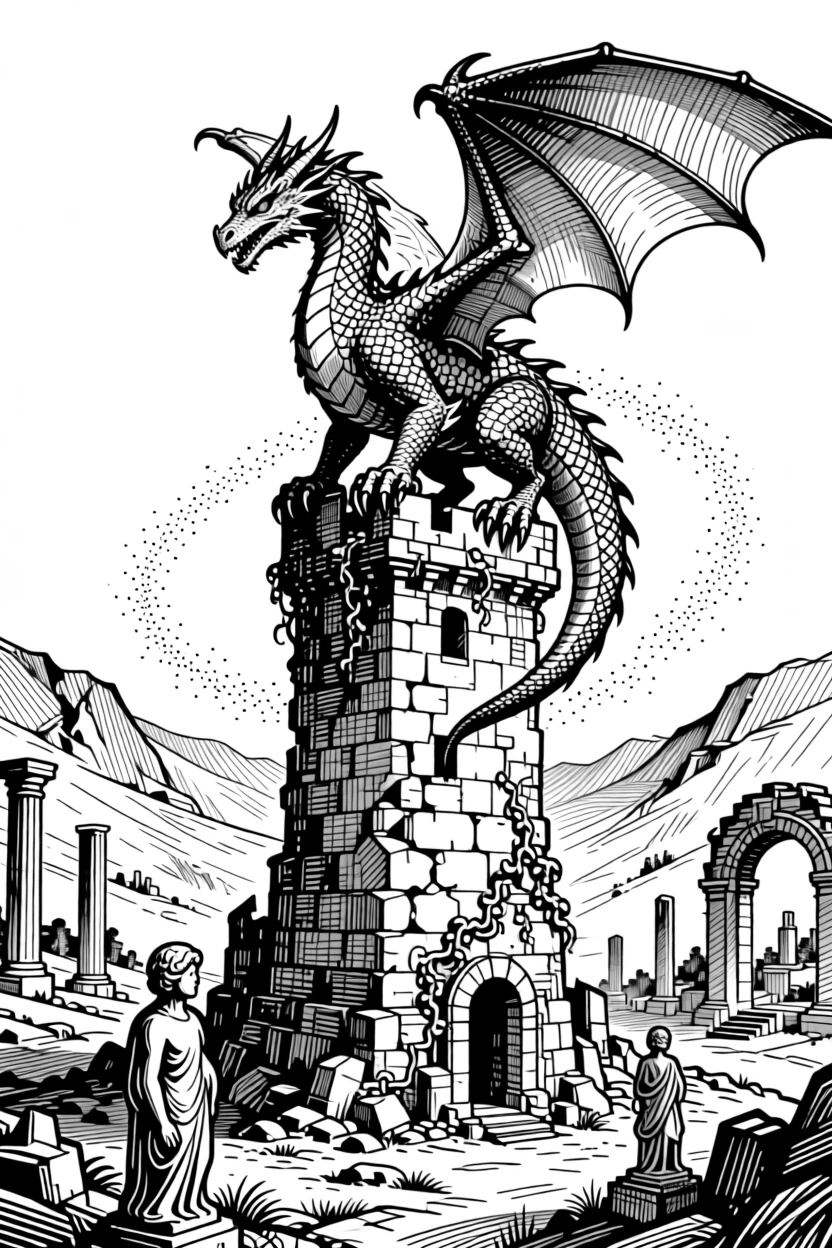 A dragon perched atop a crumbling tower in a valley scattered with ancient ruins, with a trail of glimmering dust in the air, forming a quietly wondrous fantasy scene.