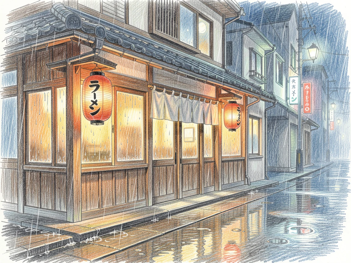 A Japanese ramen shop glowing warmly on a rainy night street, set against a softly lit, atmospheric backdrop, perfect for anyone drawn to gentle, heartfelt imagery.