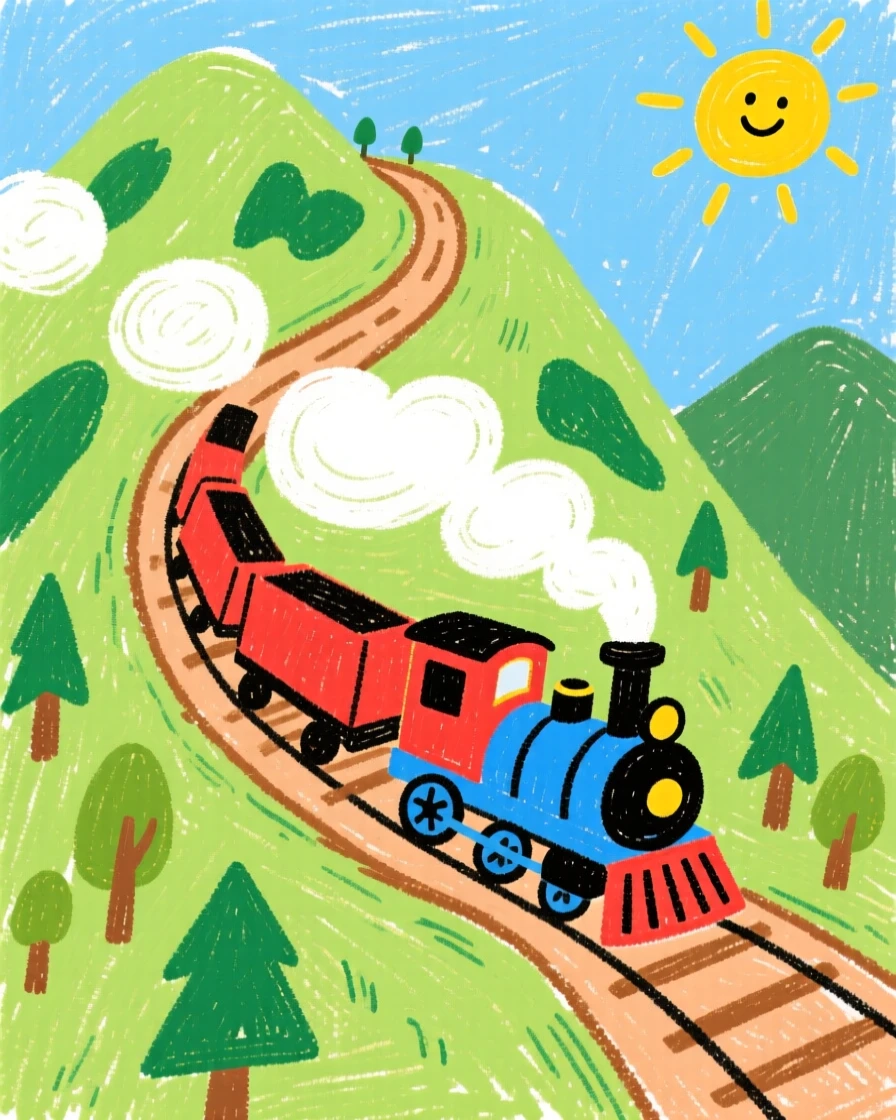 A steam train climbing a winding mountain road.