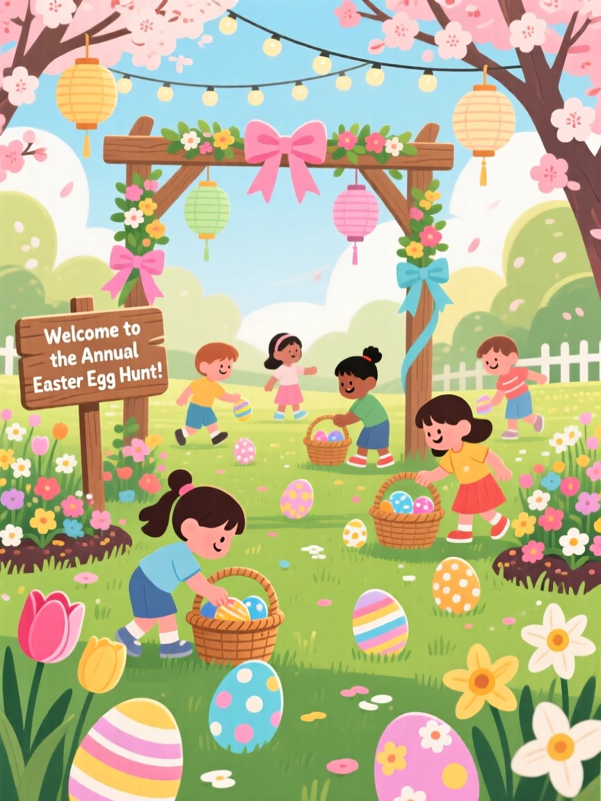 A festive Easter egg hunt in a blooming spring garden, set within a beautifully decorated outdoor venue, framed to highlight the excitement of the special occasion, with a joyful sense of togetherness and celebration.