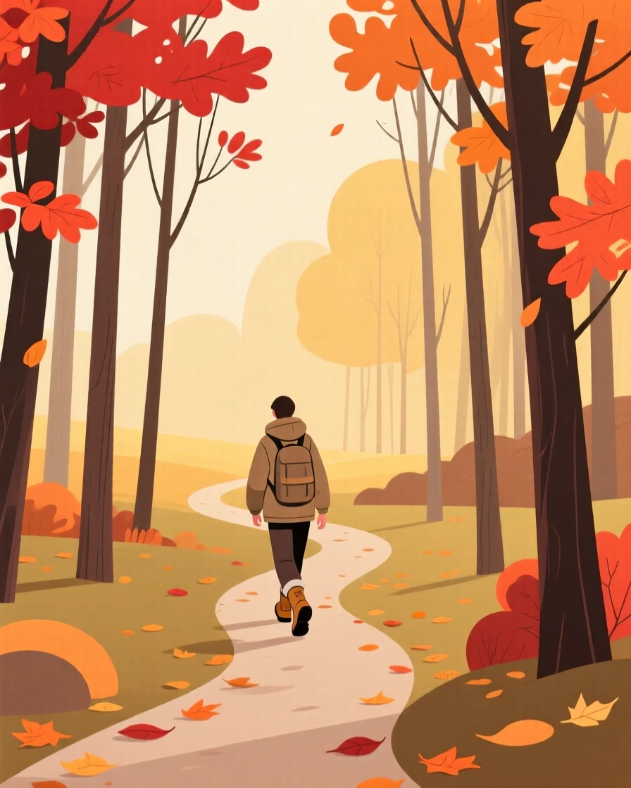 A crisp autumn hike through a forest ablaze with red and orange leaves.