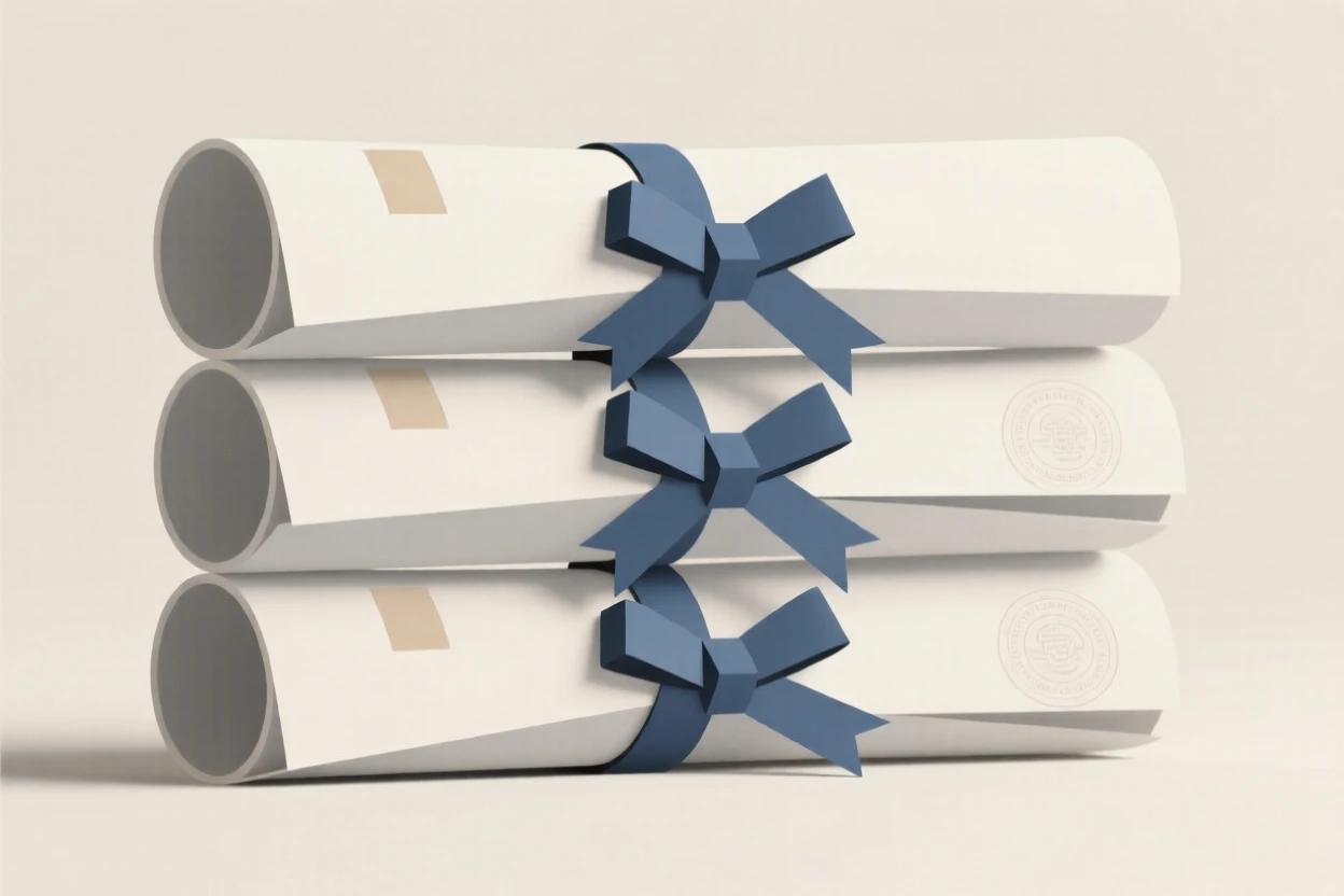 A stack of diplomas rolled with ribbons