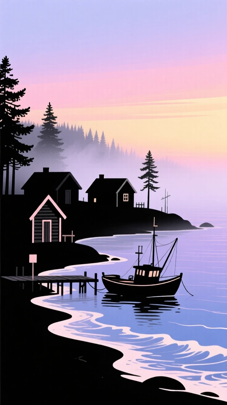A quiet fishing village nestled along a foggy northern coastline.