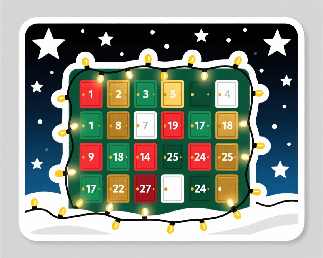 A brightly colored advent calendar with tiny numbered doors, surrounded by twinkling fairy lights, under a sky full of stars on a special night.