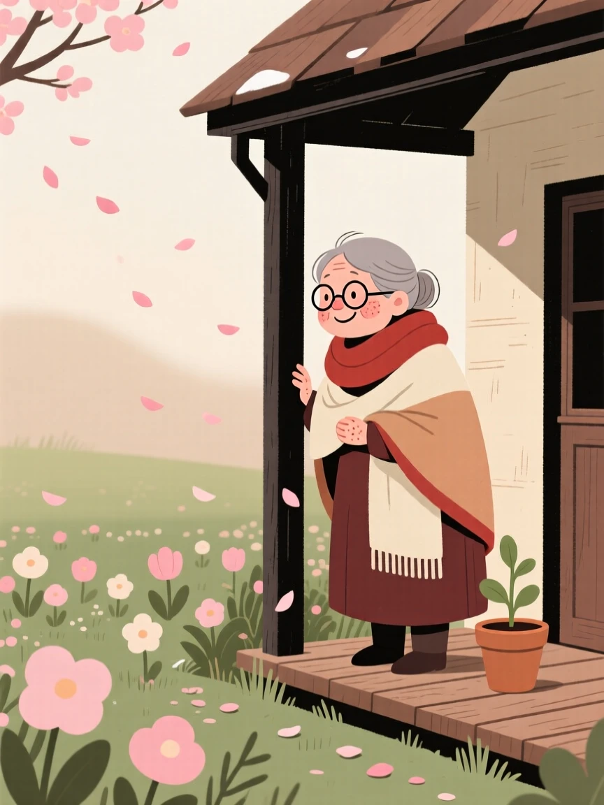 Soft spring petals falls over a sleeping garden as a elderly woman watches from beneath a porch awning, wrapped warmly against the winter air.