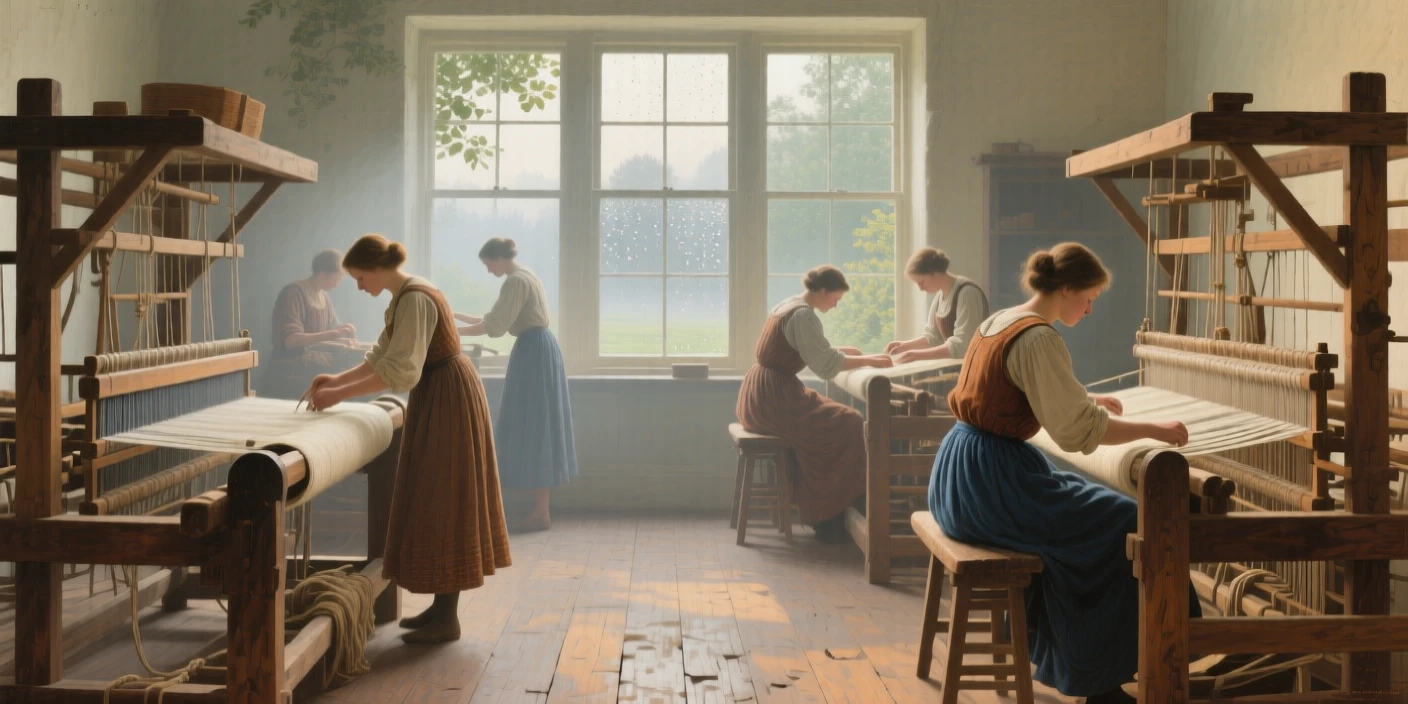 An expansive vista of a group of weavers working at wooden looms by a window, in a light morning mist, in the height of summer.