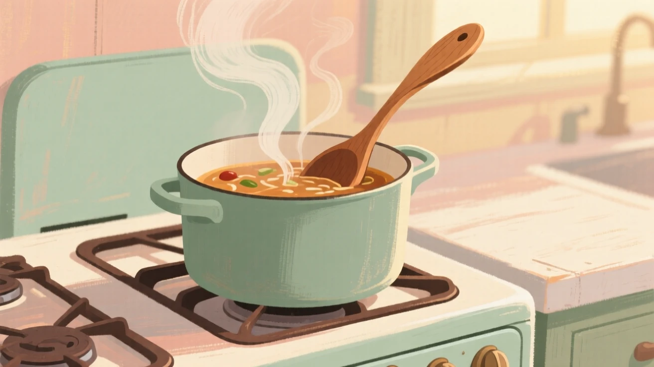 A wooden spoon stirring a pot of simmering stew on a farmhouse stove