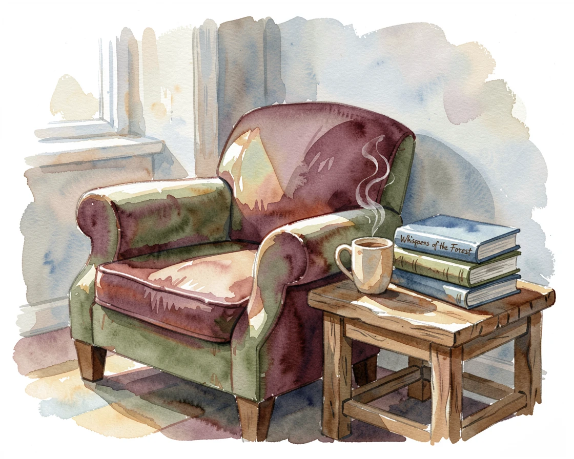 A reading nook with a plush armchair and stacked books with a steaming mug on a side table.