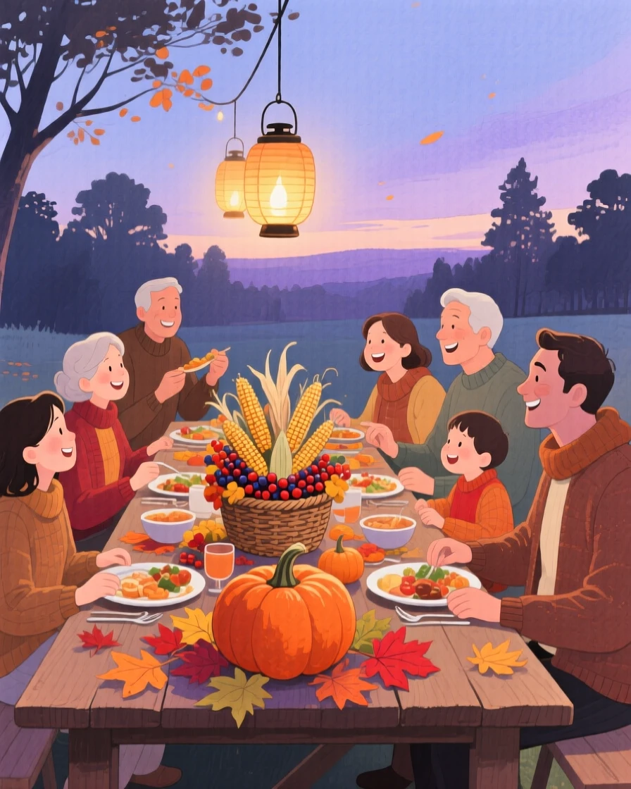 A joyful scene of a Thanksgiving feast, with lanterns glowing softly at dusk, capturing the warmth of the celebration