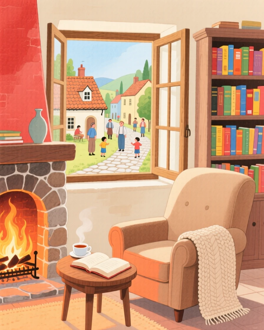 A cozy reading nook by a crackling fireplace, bustling gently with everyday village life.