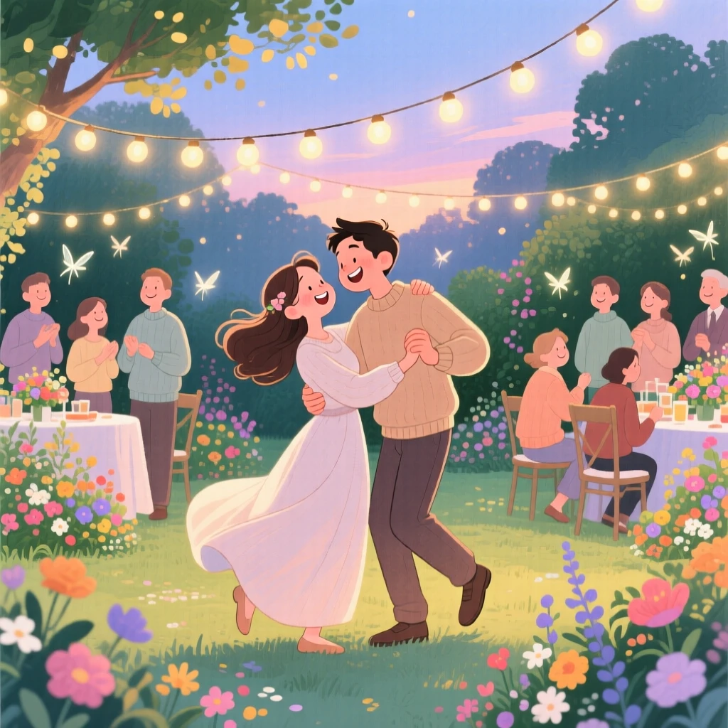 A wedding couple dancing under string lights at their reception, in a garden reception decorated with fairy lights and flowers, with everyone dressed in their coziest sweaters, evoking romantic joy and celebration.