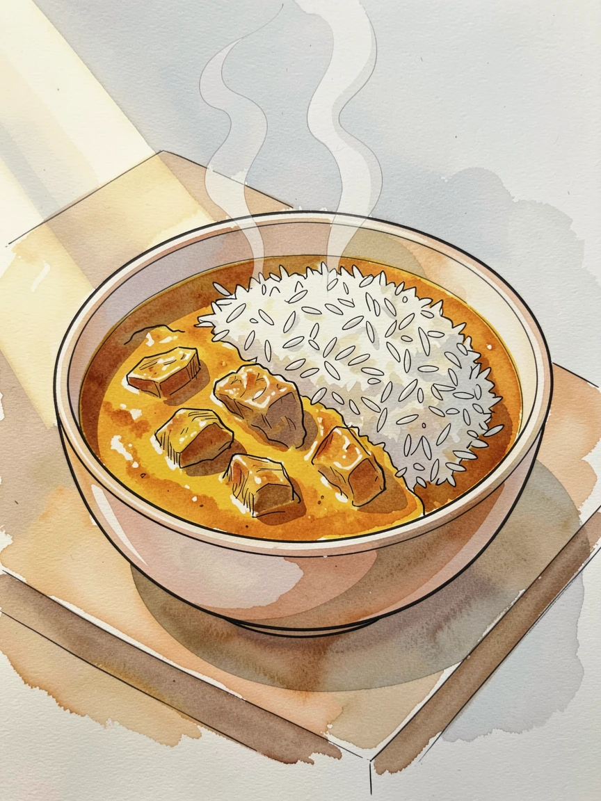 A bowl of vibrant curry served with steaming basmati rice, sunlight streaming across the table, highlighting every texture.