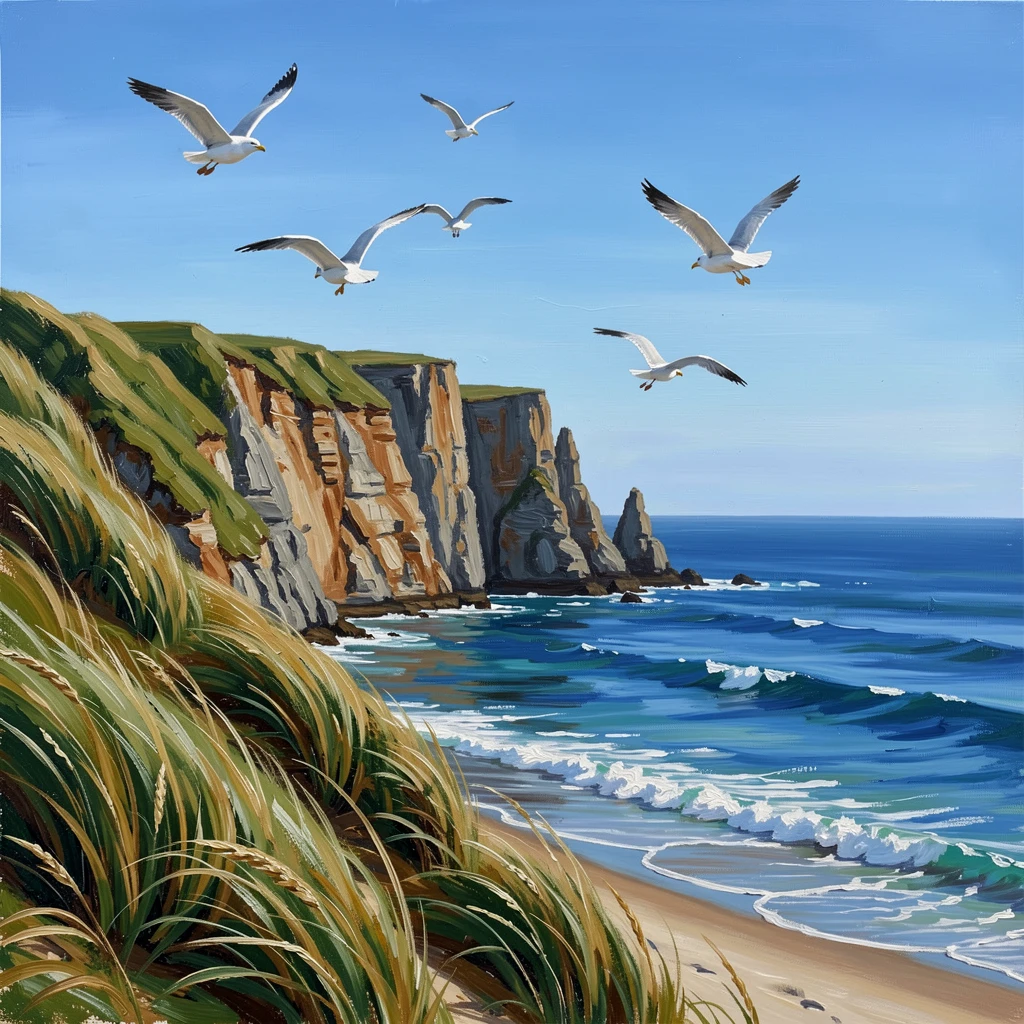 A dramatic cliffside coastline, gulls wheeling overhead as waves roll gently onto the shore, beneath tall grass-covered dunes, on a clear summer afternoon with brilliant blue water.
