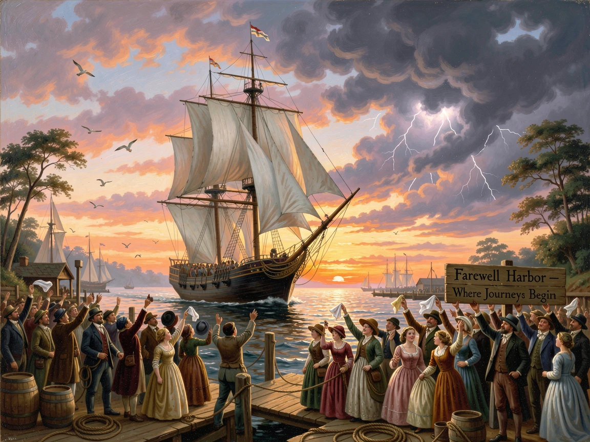 A tall ship sails out of harbor at a cheering crowd at sunset as thunder rolls in the distance.